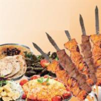Shish Party Platter for 25 · All tenderloin meat (beef, lamb, and chicken). Includes rice, bread, mixed greens, grilled t...