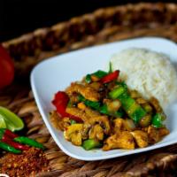 Cashew Chicken · Stir-fried chicken with cashew nuts, green onion and red pepper.