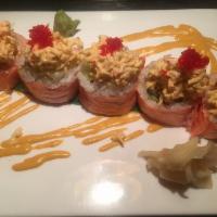 Lobster Monster Roll · Lobster tempura, mix greens and yuzu sauce inside, spicy kani and tobiko on top
