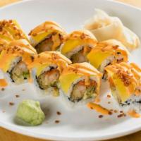 Sixth Avenue Roll · Spicy tuna, shrimp tempura, avocado inside, mango and crunchy rice outside