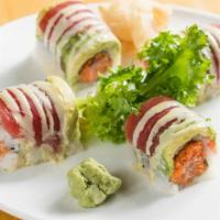 Crazy Maguro Roll · Crunchy spicy tuna wrapped with bigeye tuna, avocado and wasabi mayo.