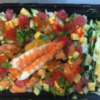 Edomae Poke Chirashi · Bigeye tuna, salmon, shrimp, ikura, tobiko, tamago, cucumber and cilantro on sushi rice.