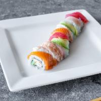 8 Piece Rainbow Roll · Crab salads, avocado, cucumber on the inside then topped with fresh salmon, snapper, shrimp,...