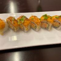 Oregon Roll · Spicy Imitation crab, cucumber in, top seared salmon with spicy mayo, green onions.