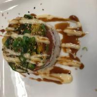 Spicy tuna Tower · Spicy tuna, avocado, imitation crab, seaweed, sushi rice, with spicy mayo sauce, sesame seed...