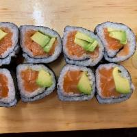 Salmon Avocado Roll · Fresh Salmon and avocado, sesame seeds in. Seaweed nori out. 8 pcs 
