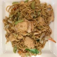 Chicken Yakisoba · Stir fried yakisoba noodles. Served with green cabbage, sliced carrots, onion and celery.