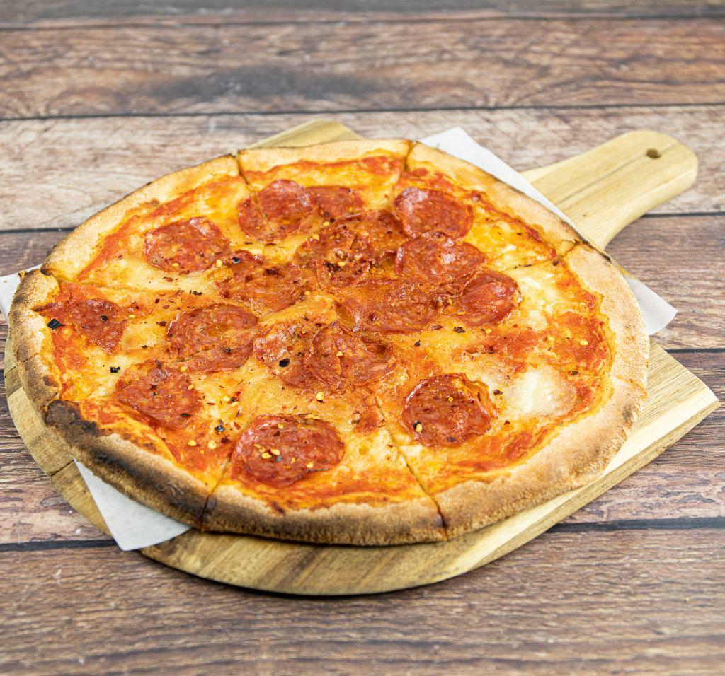 Diavola Pizza · Tomato sauce, Buffalo mozzarella, hot salami, e.v.o.o., fresh basil.