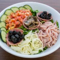 Antipasto Salad · Lettuce, tomato, cucumber, giardiniers, ham, salami, provolone, mushroom and olives with Ita...
