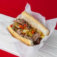 Italian Beef and Sausage Combo Sandwich · Italian sausage topped with Italian beef, giardiniera peppers and dipped.