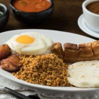 Bandeja Paisa Con Carne Molida o Carne Asada · Platter with chopped beef, grilled steak or chicken, rice, red beans, pork rinds, white corn...