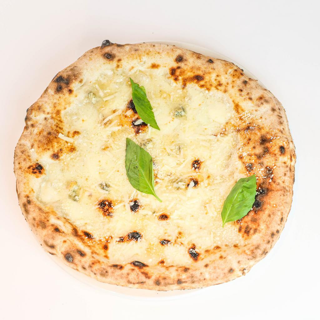 Four Cheese (Quattro Formaggi) Pizza · Mozzarella, Gorgonzola Dolce, Parmigiano Reggiano DOP, Pecorino Romano