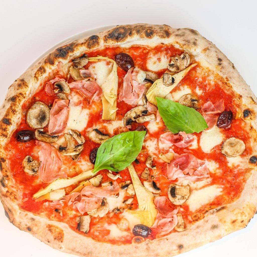 Capricciosa Pizza · San Marzano tomato sauce, mozzarella di bufala, mushroom, gaeta black olive, rovagnati granbiscotto ham, artichoke, parmigiano reggiano DOP.