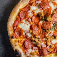 Meat Lover Pizza · Baked Italian sausage, pepperoni, ham, fresh mozzarella, parmesan, EVOO on tomato sauce