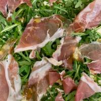 Bianca Prosciutto Pizza · Prosciutto di Parma, arugula, fresh mozzarella, parmesan on EVOO, garlic & oregano