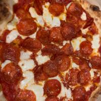 Pepperoni Pizza · 100 $ beef pepperoni, fresh mozzarella, parmesan, EVOO on tomato sauce
