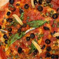 Puttanesca Pizza · White Anchovy, capers, black olives, EVOO, oregano, garlic on tomato  sauce