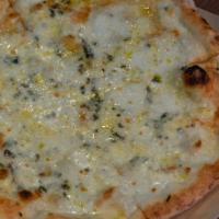 Quattro Formaggi Pizza · Fontina, gorgonzola, fresh mozzarella, parmesan on EVOO, garlic & oregano