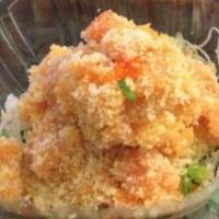 Spicy Salmon Salad · Chopped salmon, tobiko, tempura crumb and spicy mayo.