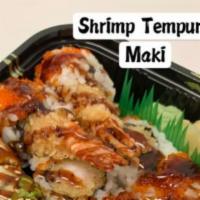 Shrimp Tempura Maki · Shrimp tempura, tobiko and eel sauce.