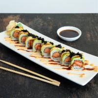 Black Caterpillar Maki · Spicy tuna topped with a layer of avocado, spicy mayo, eel sauce and black tobiko.