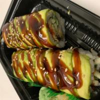 Caterpillar Maki · Eel, cucumber, tobiko and spicy mayo topped with a layer of avocado and eel sauce.