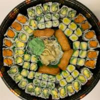 Vegetarian Party Tray · 76 pieces. 4 inari sushi, 2 Idaho maki, 2 avo kyu maki, 2 avocado maki, 2 avo mango maki, 2 ...