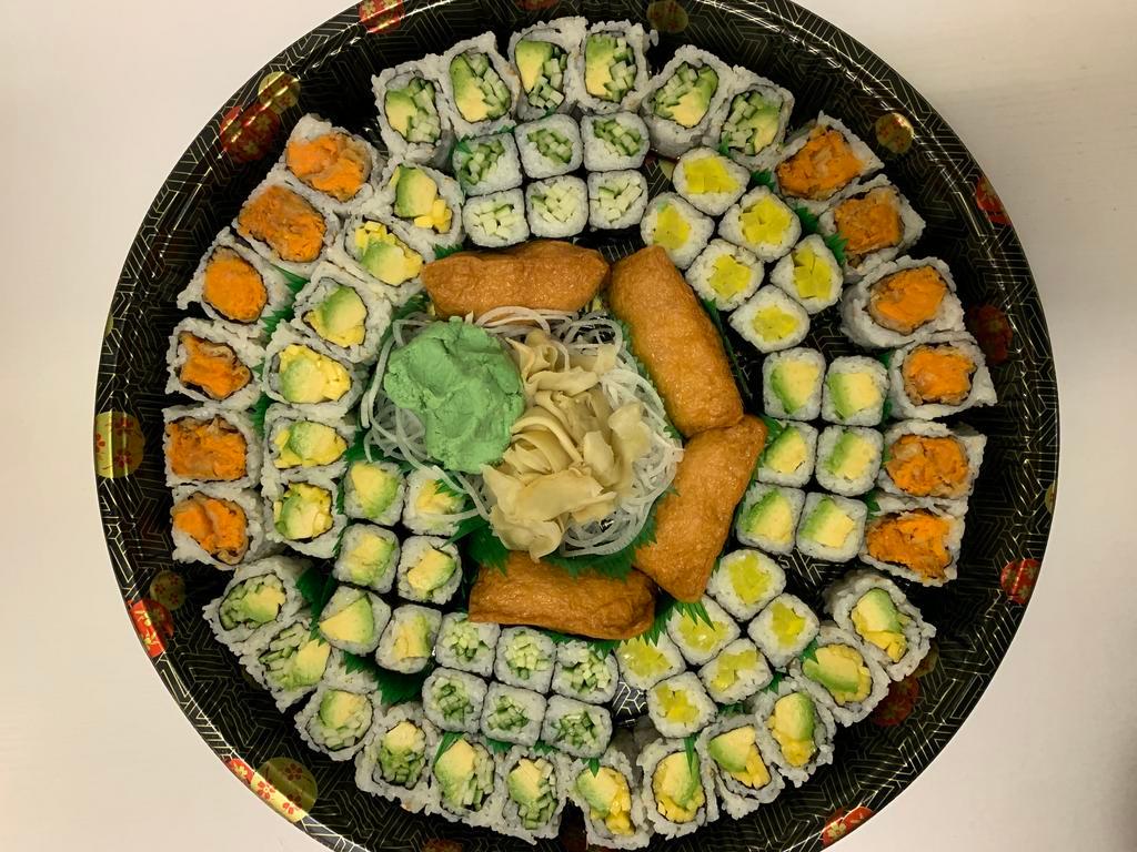 Vegetarian Party Tray · 76 pieces. 4 inari sushi, 2 Idaho maki, 2 avo kyu maki, 2 avocado maki, 2 avo mango maki, 2 kappa maki, and 2 oshinko maki.