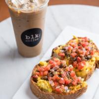 Sausage Egg Toast · Thick country bread, olive oil, house-made pork sausage, scrambled farm egg, cheese, pico de...