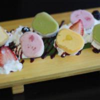 3 Piece Mochi Balls · Green tea, chocolate, vanilla, strawberry, and mango.