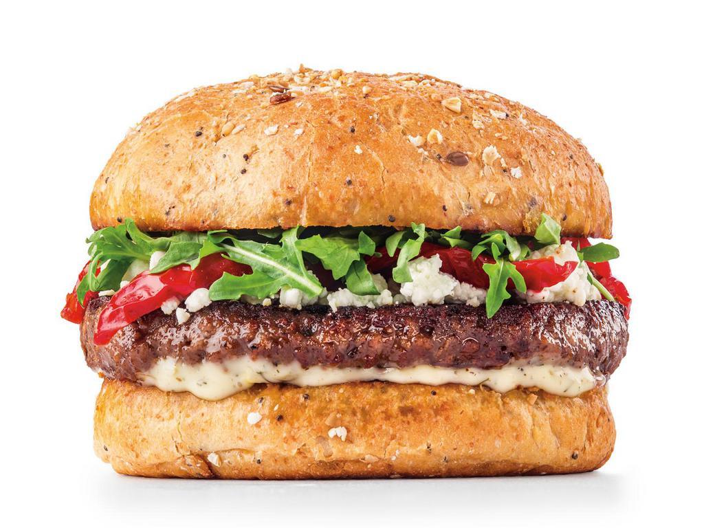 Mediterranean Impossible Burger™ · Impossibly delicious, 100% plant- based burger with roasted tomatoes, goat cheese, lemon caper dill aioli, arugula, toasted multigrain roll. (cal. 650). 