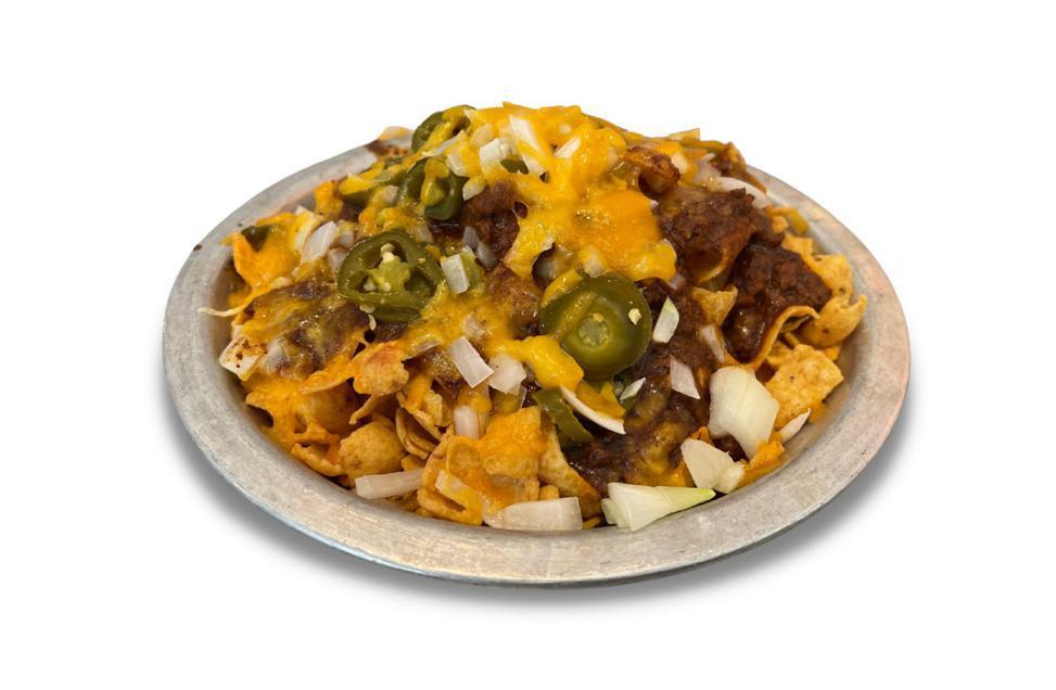 Texas Frito Pie · Fritos covered with cheddar cheese, Texas cafe chili, jalapenos and onions. 