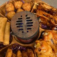 Pu-Pu Platter · Coconut Shrimp, Vegetable or Pork Lumpia, Crab Cake Balls, Chicken Skewers, and Wings.