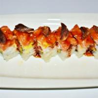 Double Spicy 🌶️🌶️ · (Deep fried shrimp, spicy tuna, crab meat) avocado, spicy salmon, garlic chip, and unagi sau...