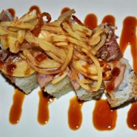 Hungry · (Spicy crab, cucumber) seared albacore, deep fried onion and unagi sauce.