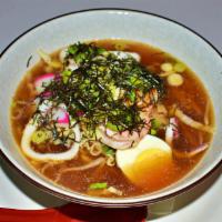 Seafood Shoyu Ramen · Assorted seafood, egg and vegetable (shoyu base).