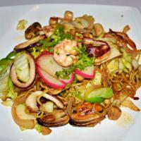 Seafood Yaki Noodle · Pan fried noodle in vinegary sauce with vegetables and mixed seafood.