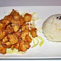 Sesame Chicken (Plate) · Tempura battered and deep fried chicken tossed with sesame seeds