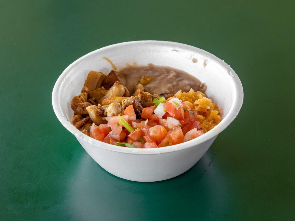 Chicken Mexican bowl · Rice beans Pico de gallo