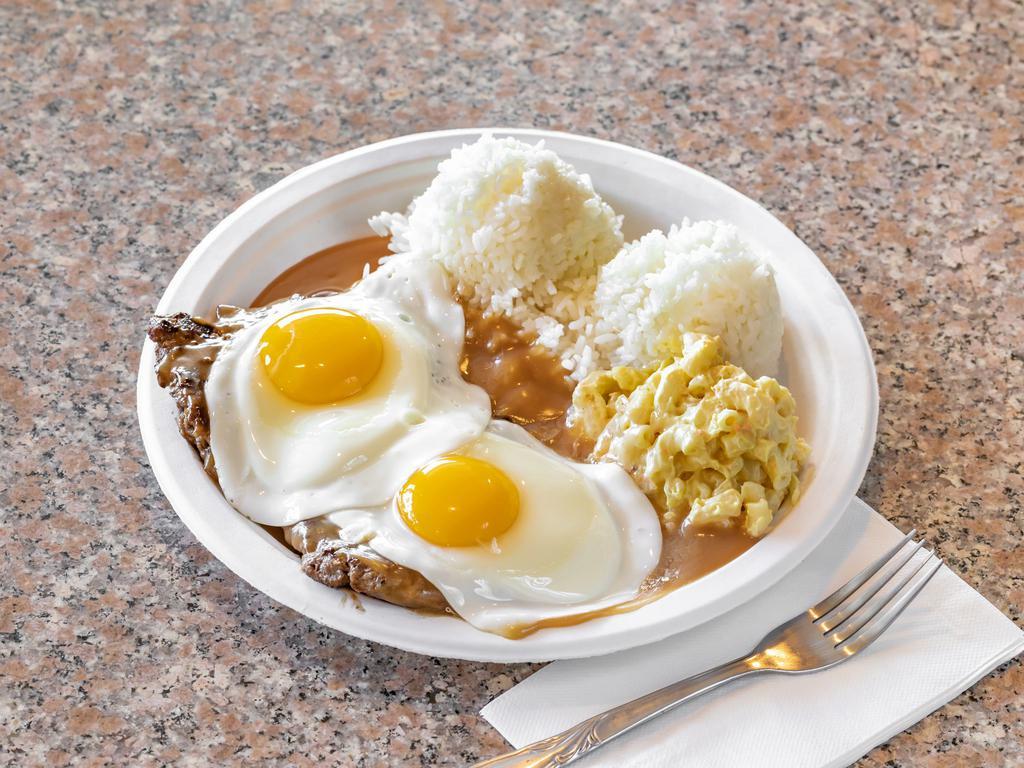 Regular Loco Moco · 2 scoops rice and 1 scoop macaroni or toss