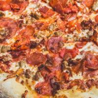 Cured Meat Overlord Pie · Red sauce, 5 cheese blend, pepperoni, salami, Italian sausage, chopped bacon, Canadian bacon...