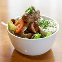 Gyro Bowl · Choice of gyro meat served with hummus, warm pita bread, tomatoes, raw onion, and cucumber s...