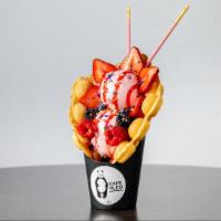 Kleo Berry Bite Waffle · All the berries your heart desires on strawberry ice cream!

*Ice cream, toppings, and waffl...