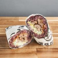 Beef Rice Roll · Seaweed wrapped warm organic purple rice filled with grilled beef、 lettuce、cucumber、crisp ra...