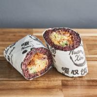 Spicy Squid Rice Roll · Seaweed wrapped warm organic purple rice filled with spicy squid、 lettuce、cucumber、crisp rad...