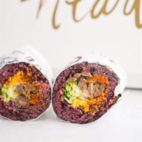 Spicy Garlic Beef Rice Roll · Seaweed wrapped warm organic purple rice filled with grilled beef、 lettuce、cucumber、crisp ra...
