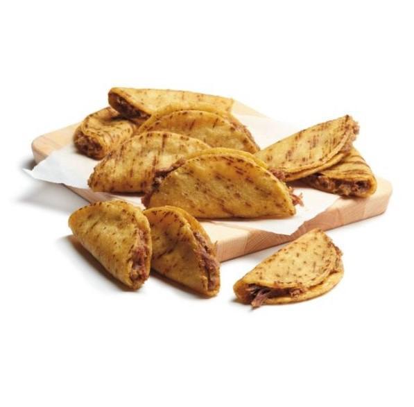 Beef Mini Tacos 10pc · Crispy mini taco shells filled with spicy shredded beef.