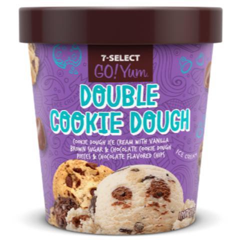 7-Select GoYum Double Cookie Dough Pint · Cookie dough ice cream with vanilla brown sugar and chocolate cookie dough pieces and chocolate flavored chips.