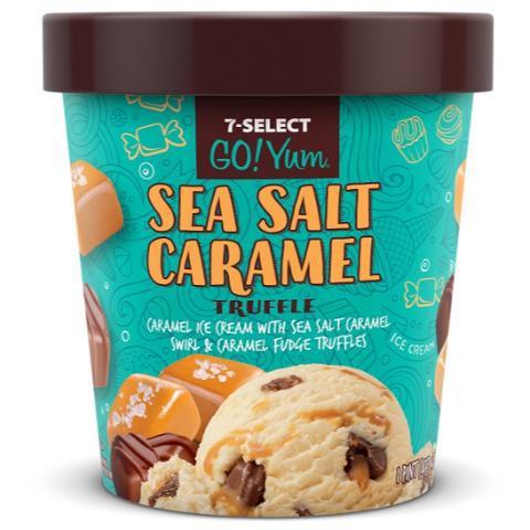 7-Select GoYum Sea Salt Caramel Pint · Caramel ice cream with sea salt caramel swirl and caramel fudge truffles. Sounds too good to be true right? Well, it's not!