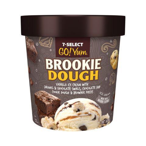 7-Select Go Yum Brookie Dough · First up, Brookie Dough! What we have here is a pint of vanilla and chocolate ice cream with brownie batter and cookie dough bits mixed in